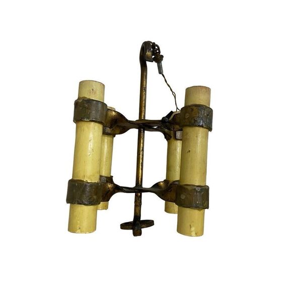 French Vintage 4 Light Gilt Iron  Fixture with Large Wax Candles Gothic Style Me - Picture 6 of 7